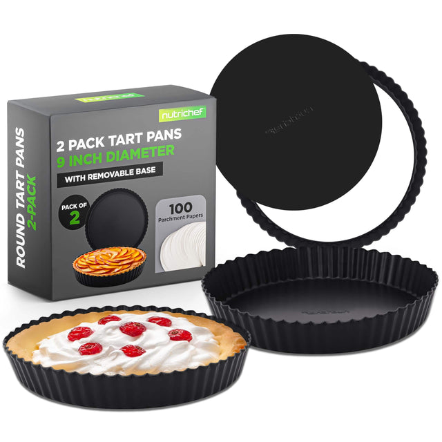 PANS TART 2-PACK ROUND FRPE nutrichef TART PANS 2 PACK 9 INCH DIAMETER REMOVABLE BASE WITH PACK OF 100 2 Parchment Papers