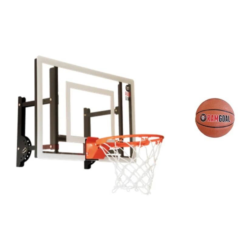RAMGOAL - Wall Mounted Indoor Adjustable Mini Basketball Hoop with Ball | 24" Shatter Resistant Backboard with Breakaway Rim - Gray