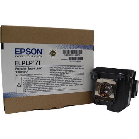 EPSON  
EXCEED YOUR VISION  

ELPLP71  
Projector Spare Lamp  

Product No. nI3HCT0L71  
Epson Exceed Your Vision  
BRP and other lg a Epsion Projector Spare Lamp registered trademark a trademarks d Selc E Caporation  

The tubonc opooe according E lacal DrY SPCS ilumination  

MADE IN OHNA  

Not for household room  

Guide carefully before using this product  

CAUTION Please read the User's OR produit in Guide de lutlisato avant ATTENTION Veullez lire avant Sie de Gert autoerksan Sesen Sie de d Unlras pr
