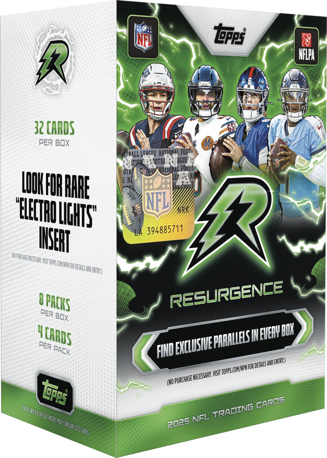 NFL Topps NFLPA

32 CARDS PER BOX

LOOK FOR RARE "ELECTRO LIGHTS" INSERT (NO PURCHASE NECESSARY. VISIT TOPPS.COM/NPN FOR DETAILS AND ENTRY.)

8 PACKS PER BOX

4 CARDS PER PACK

PACKS WITH A SPECIAL INSERT MAY CONTAIN LESS CARDS.

GS M TRAIL LEAGUE NATIONAL FOOTBALL LEAGUE

2025 NFL TRADING CARDS

RESURGENCE

FIND EXCLUSIVE PARALLELS IN EVERY BOX

(NO PURCHASE NECESSARY. VISIT TOPPS.COM/NPN FOR DETAILS AND ENTRY.)