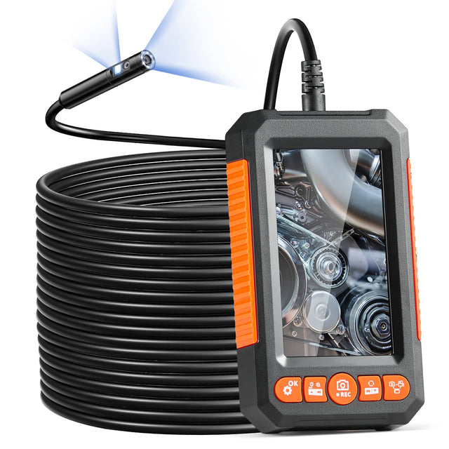 Front. VEVOR - Endoscope Camera with Light, Dual Lens Borescope with 49.2FT Semi-Rigid Cable, 4.3" Screen 1080P Inspection Camera - Black.