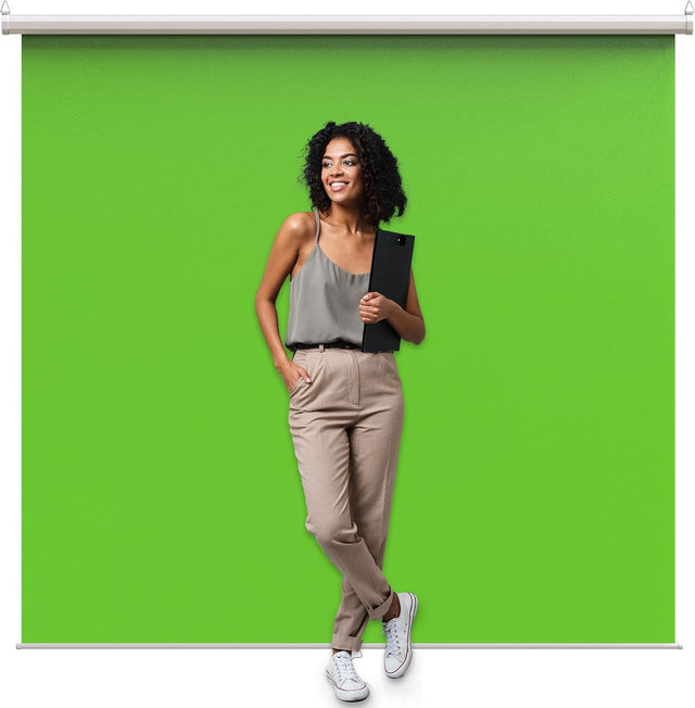 Front. KHOMO GEAR - Green Screen 84 x 84 in – XL Pull-Down Backdrop with White Case for Video, Editing & Photography.