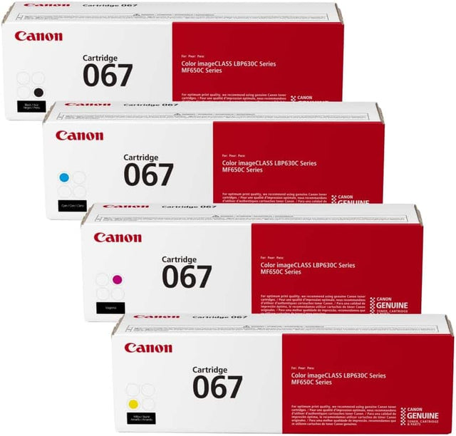 Canon Cartridge 067 for Color imageCLASS LBP630C Series MF650C Series  
Canon Cartridge 067 for Color imageCLASS LBP630C Series MF650C Series  
Canon Cartridge 067 for Color imageCLASS LBP630C Series MF650C Series  
Canon Cartridge 067 for Color imageCLASS LBP630C Series MF650C Series  

For optimal print quality, we recommend using genuine Canon toner cartridges. For une qualité d'impression optimale, nous recommandons d'utiliser des cartouches de toner Canon originales. Para una calidad de impresión óptim