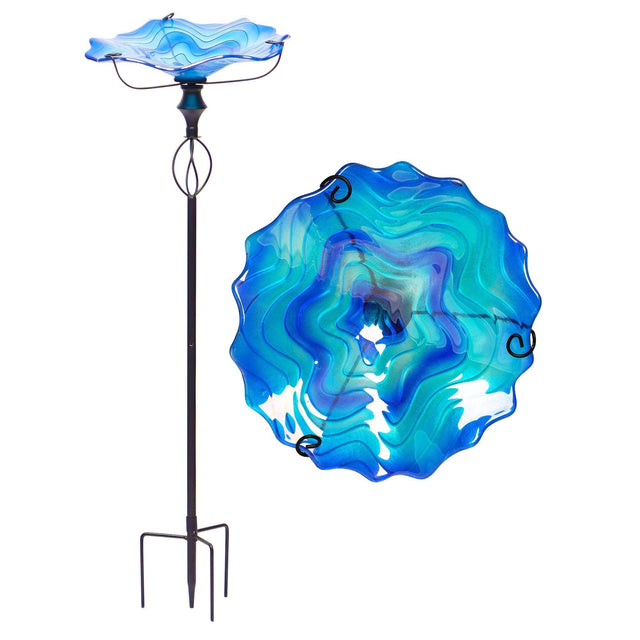 Front. G128 - 32 Inch Glass Bird Bath with Metal Stake - Decorative Outdoor Garden Feeder - Blue.