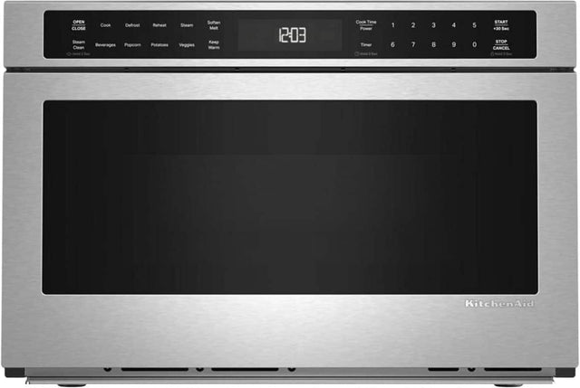 OPEN Cook Defrost Reheat Steam Clean  
Beverages Popcorn Potatoes Veggies  
Soften Malt Keep Warm  
12:03  
Cook Time Power Timer:  
1 2 3 4 5  
6 7 8 9 0  
START +30 Sec STOP CANCEL  
KitchenAid