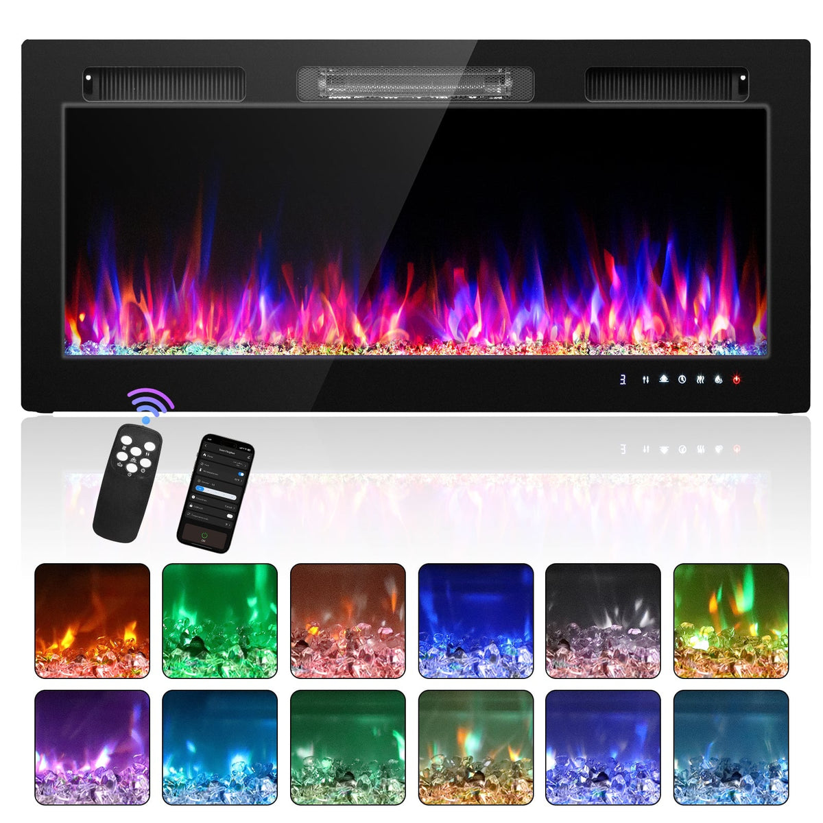 Winado - 42" Electric Fireplace Insert, 1500W Wall-mounted/Built-in Fireplace Heater with WIFI Control, Remote Control - Black