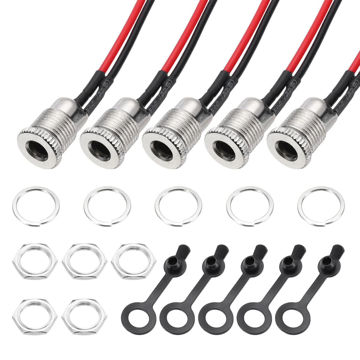 Unique Bargains - 5pcs DC-099 5.5x2.1mm 30V 5A 2Pin Panel Mount DC Jack with Waterproof Cap & Wires, 100mm - Silver