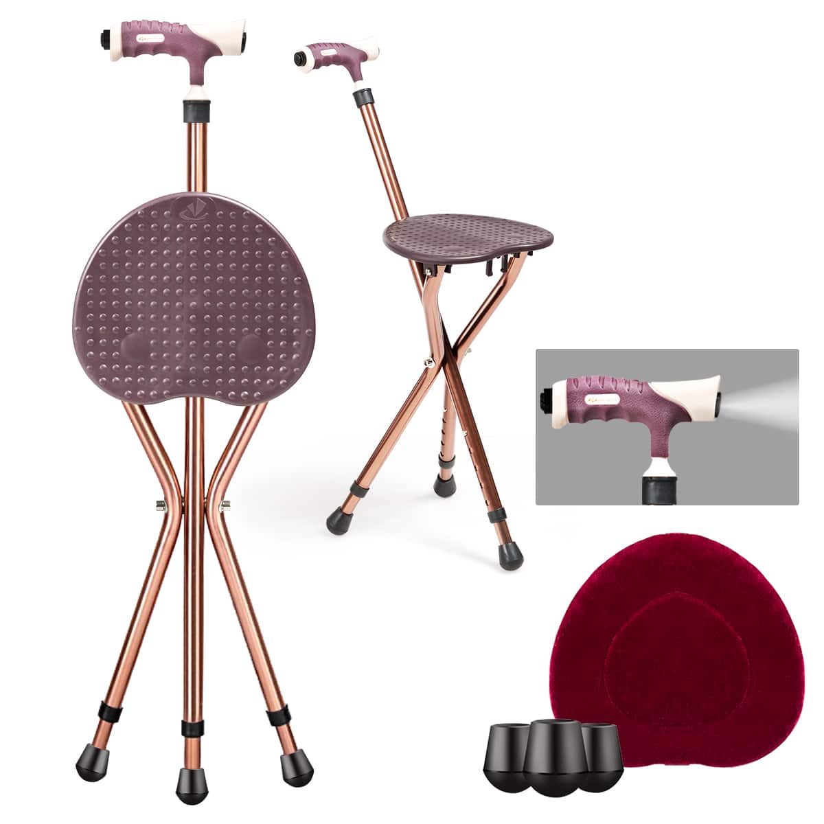 GOPLUS - Outdoor Occasion Adjustable Large Folding Cane Seat Aluminum Alloy Crutch Chair - Coffee