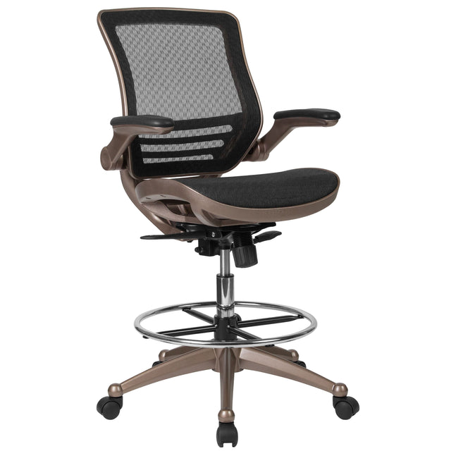 Front. Emma + Oliver - Mid-Back Transparent Mesh Drafting Chair with Flip-Up Arms - Black Mesh/Gold Frame.