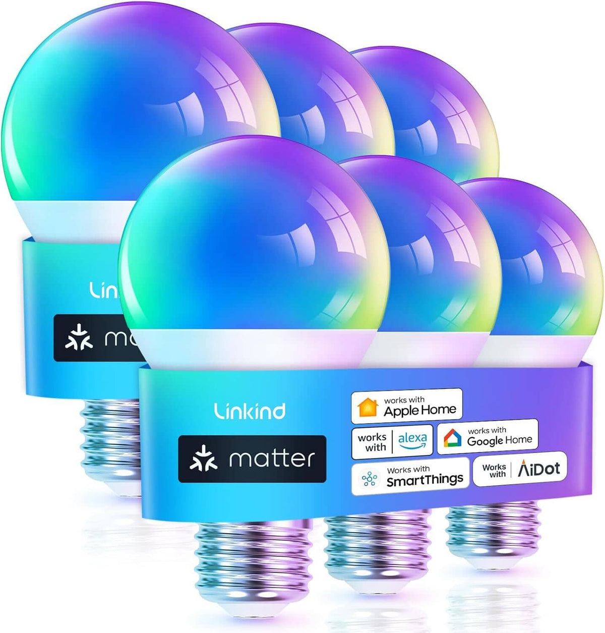 Linkind - A19 800 Lumens Smart LED Blub, Matter Compatible, Coloring Changing (6-Pack) - Multicolor