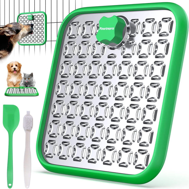 Front. Pawtners - Stainless Steel Dog & Cat Lick Mat with Suction Cup, Brush & Spatula for Slow Feeding & Anxiety Relief - Green.