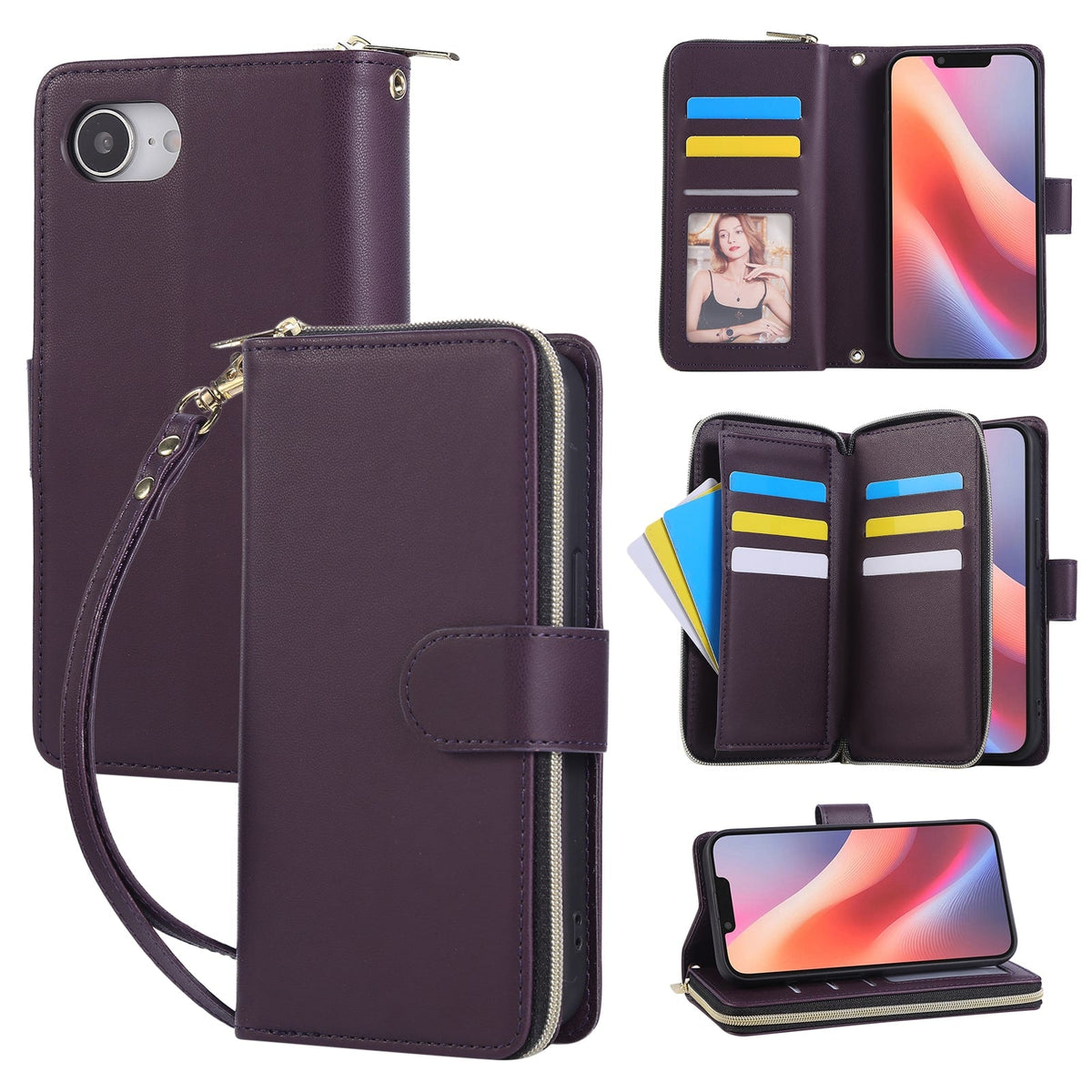 Dteck - Crossbody Wallet Case for Apple iPhone 17e, Shockproof Zipper Pocket PU Leather Folio Cover with 9 Card Slots - Darkpurple
