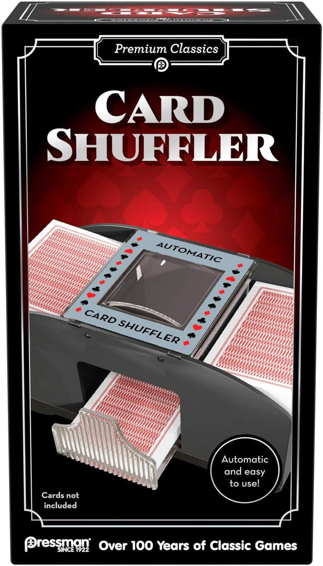 Premium Classics  
CARD SHUFFLER  
AUTOMATIC  
CARD SHUFFLER  
Cards not included  
Automatic and easy to use!  
Pressman  
Over 100 Years of Classic Games SINCE 1922
