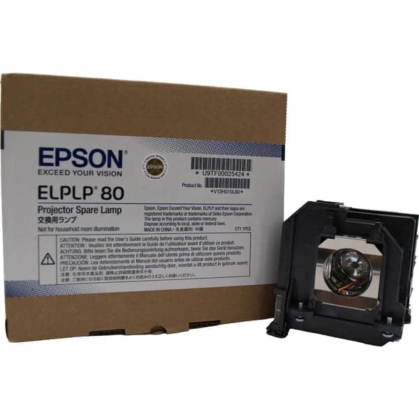 EPSON  
EXCEED YOUR VISION  

ELPLP 80  
Projector Spare Lamp  

Product No: U9TF00025424  

Epson and ELPLP are registered trademarks or trademarks of Seiko Epson Corporation.  

The lamp in this product contains mercury. Dispose according to local or federal regulations. Not for household room illumination.  

MADE IN CHINA  

CTY 1PCS  

CAUTION: Please read the User's Guide carefully before using this product.  
ATTENTION: Veuillez lire attentivement le Guide de l'utilisateur avant d'utiliser le produit