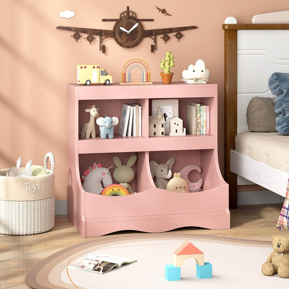 Costway - Toy Storage Organizer for Toys & Books 4-Cubby Kids Bookcase for Children's Room - Pink