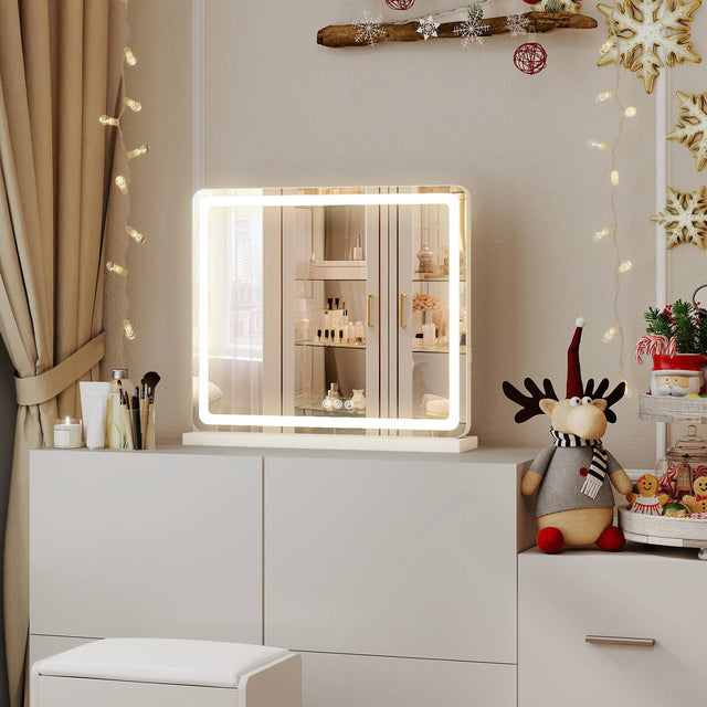 Front. Anysun - 19" x 22" LED Vanity Mirror with Lights - Dimmable 3-Color Modes, Touch Control, Square White Desk Mirror.