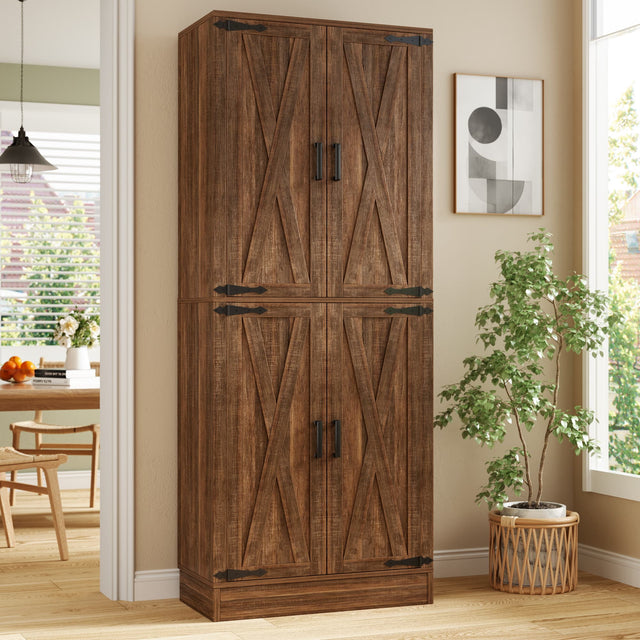 Front. Aheaplus - 71'' Tall Farmhouse Pantry Storage Cabinet with 4 Barn Doors and Drawer, Cupboard with Adjustable Shelves - Retro Brown.