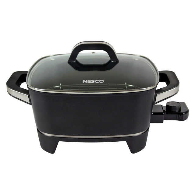 Front. Nesco - 12" Electric Skillet, Vented Glass Lid, Steaming and Roasting Rack - Black.