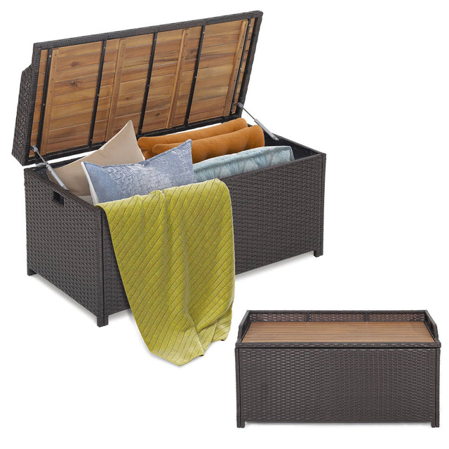Front. Gymax - Gymax Patio Wicker Bench Deck Box w/ Acacia Wooden Seat Storage Bench Poolside Garden - Mix Brown.
