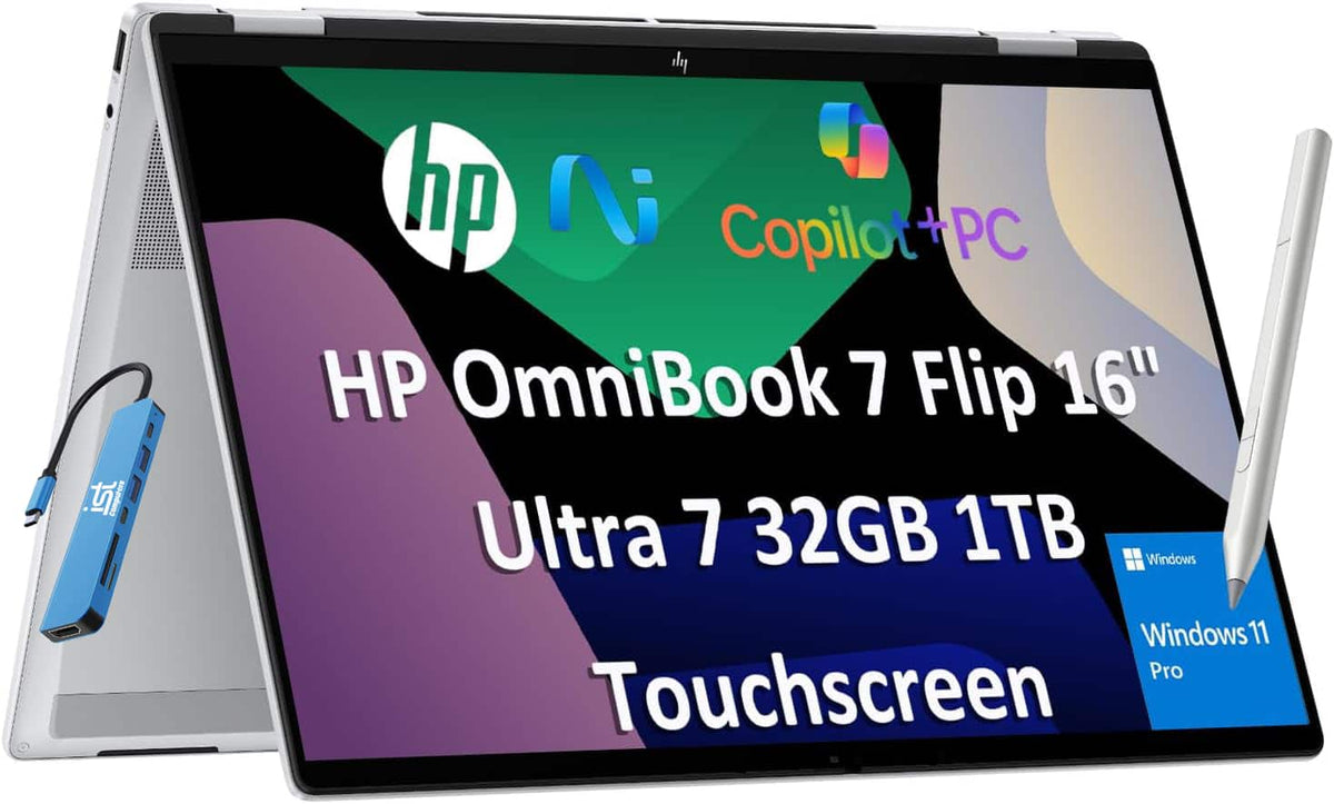 HP - Upgraded - OmniBook 7 Flip 2-in-1 16" WUXGA Touch Laptop - Copilot+PC - Intel Core Ultra 7 258V - 32GB RAM - 1TB SSD - Win 11Pro - Glacier silver