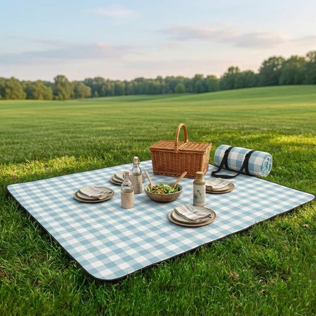 Front. Adivo - Waterproof Outdoor Picnic Blanket - Acrylic Fabric with Plaid Print, Multiple Sizes - 150*200cm - Baby Blue.