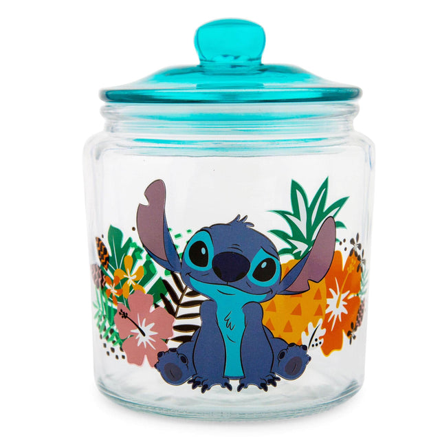 Front. Disney - Disney Lilo & Stitch Glass Snack Jar Container With Lid | 6 Inches Tall - Blue.