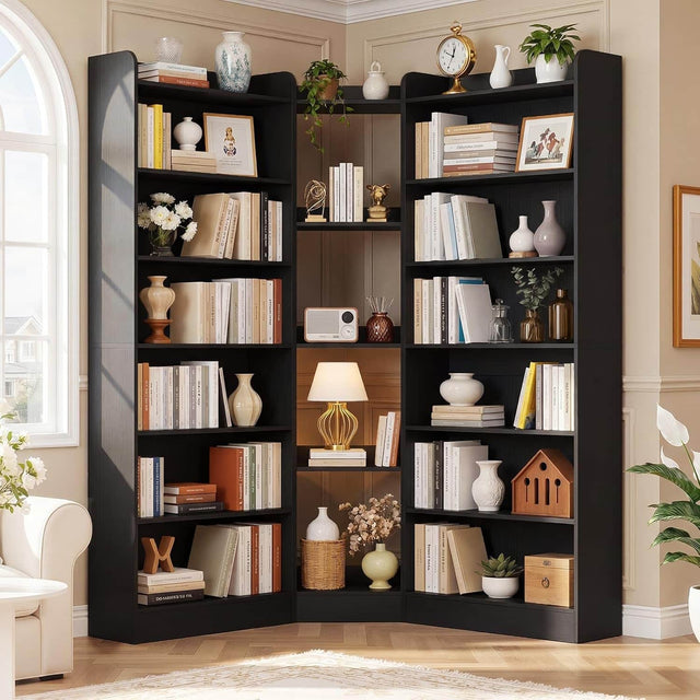 Front. Aheaplus - 71.3" Tall Corner Bookcase, 7 Tiers Freestanding L-Shaped Bookshelf for Home & Office - Black.