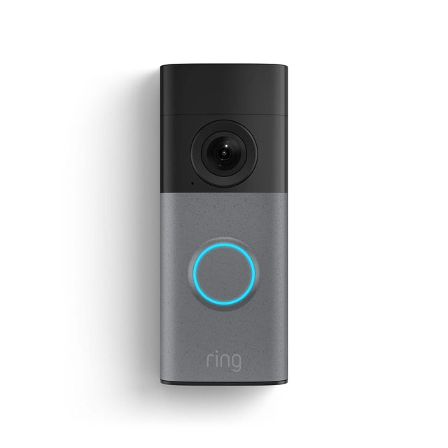 Front. Ring - Wired Doorbell 2K (newest model), Retinal 2K with wide-angle video, up to 6x Enhanced Zoom, and Two-Way Talk - Speckled Grey.