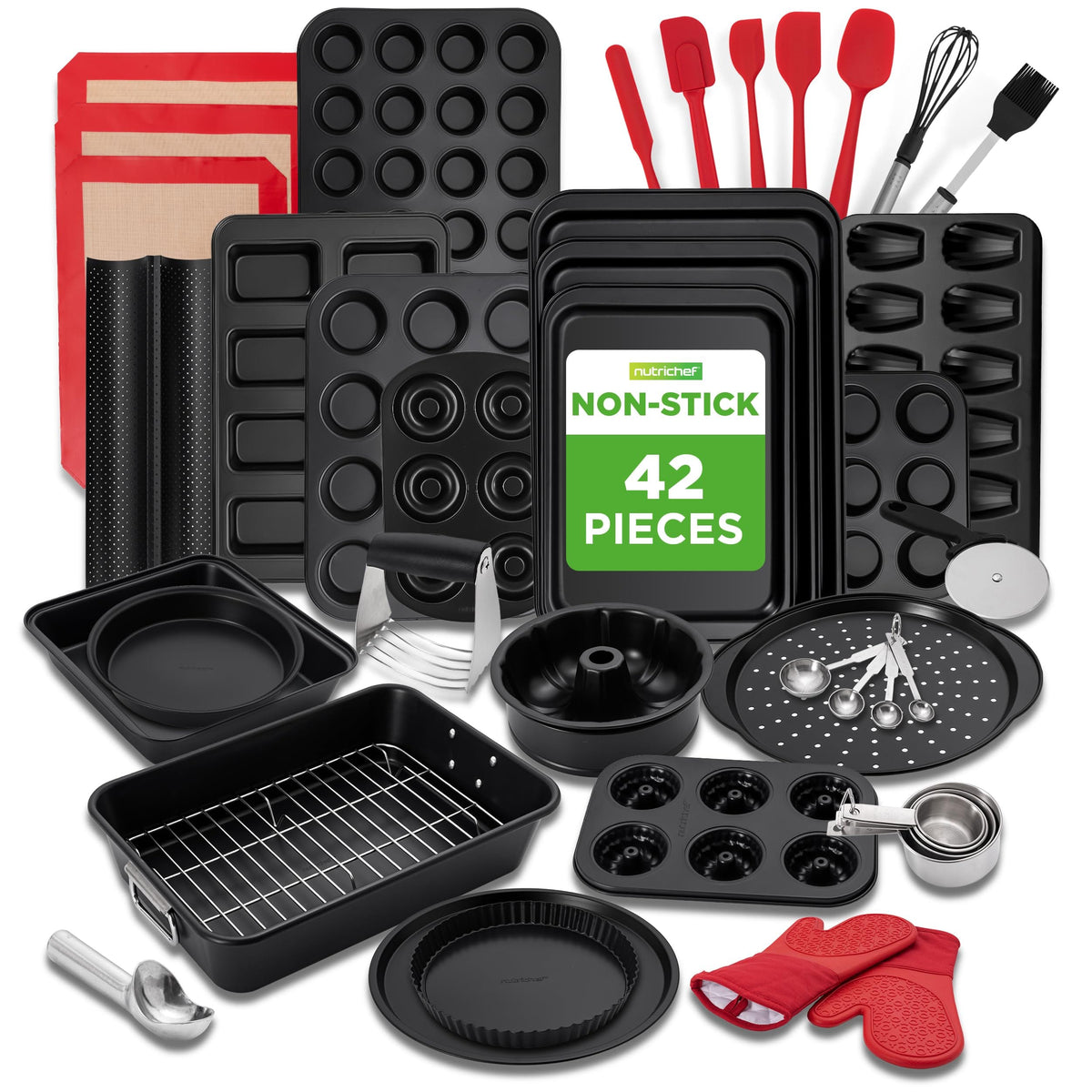 NutriChef - 42-Piece Ultimate Nonstick Bakeware Set - Carbon Steel Baking Pans, Baking Tools, Oven Mitts