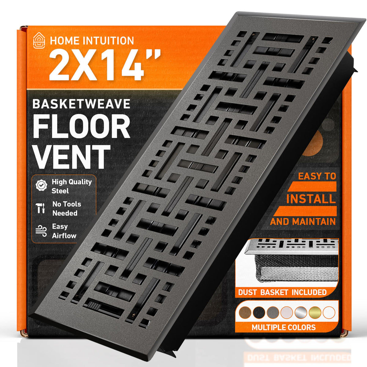 Home Intuition - 2X14 Floor Vent Covers with Mesh Cover Trap, Heat and Air, Floor Vent for HVAC Duct, Basketweave, Dark Grey - Dark Gray