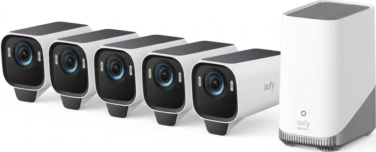 eufy - eufyCam S3 Pro 5‑Cam Kit, 4K Solar Wireless Outdoor, MaxColor Night Vision, Face AI, Local Storage, No Monthly Fees - Black+White