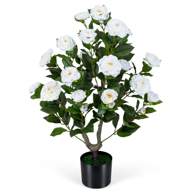 Front. Gymax - Gymax Artificial Camellia Tree 35.5'' Faux Flower Plant in Cement-Filled Pot for Home White & Green & Black - White.