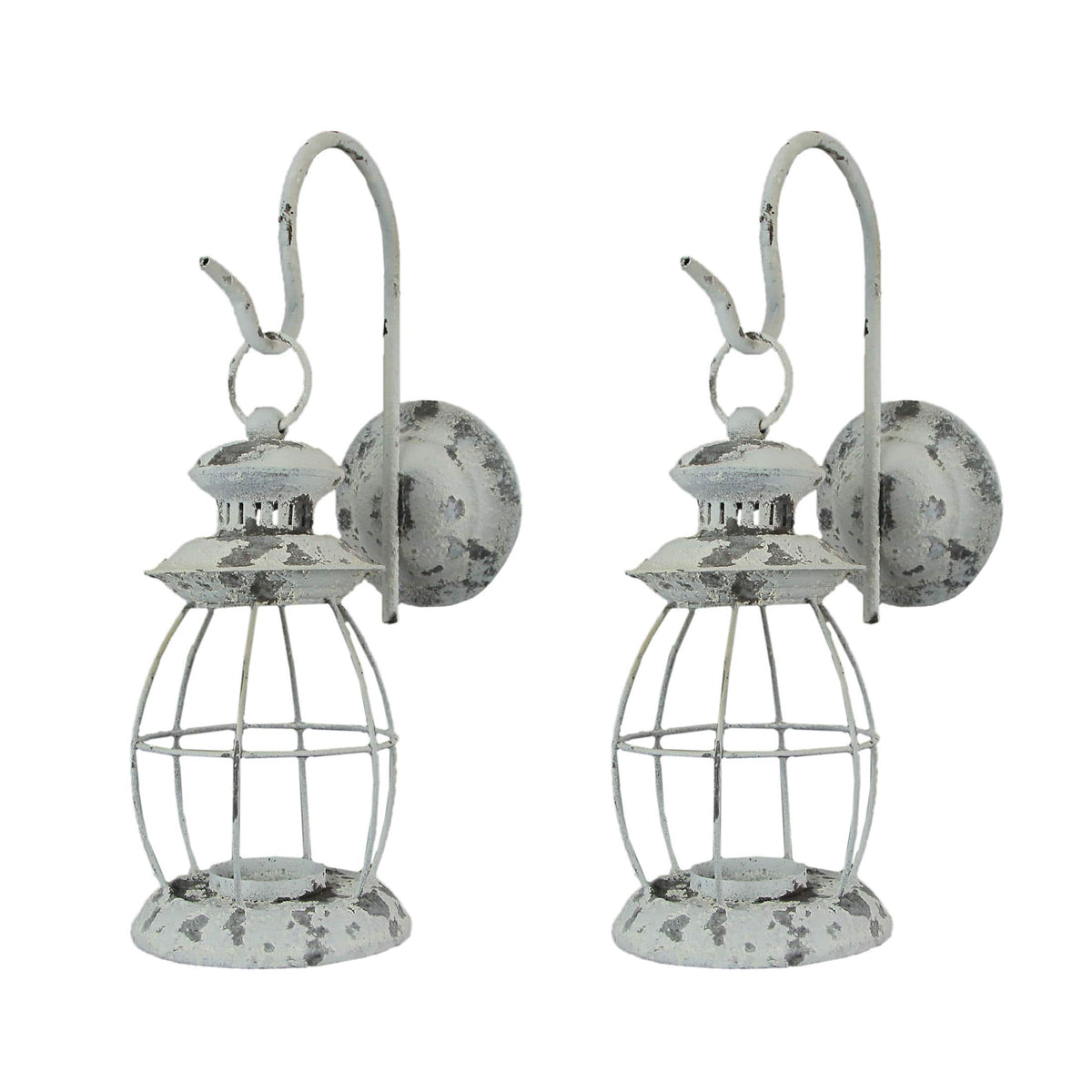 Zeckos - Set of 2 Rustic Distressed Metal Wall Mounted Railroad Lantern Hanging Sconces - White