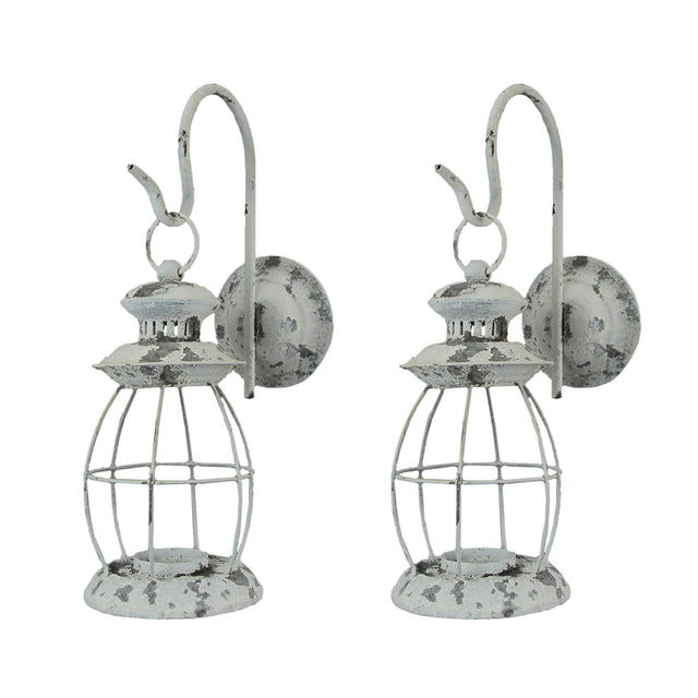 Front. Zeckos - Set of 2 Rustic Distressed Metal Wall Mounted Railroad Lantern Hanging Sconces - White.