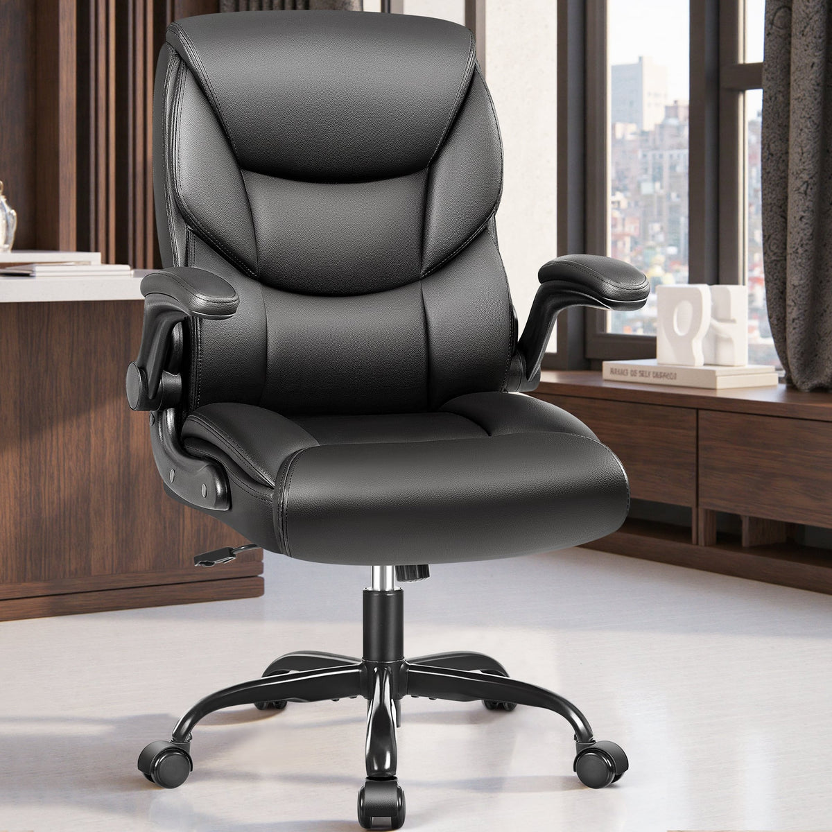 Brick Attic - Leather Office Chair 400LBS Wide Seat Ergonomic Desk Chair Adjustable Task Chair Lumbar Back 5 Year Warranty - Black