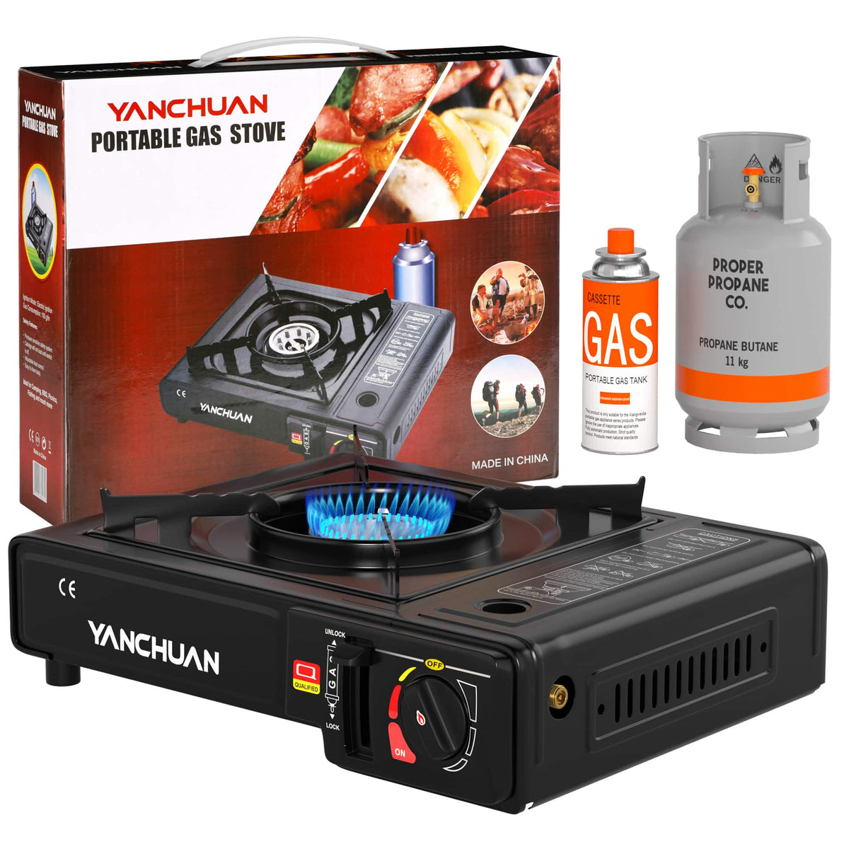 Topteng - Dual Fuel Portable Camping Stove - Butane/liquefied gas tank , Electronic Ignition, Aluminum & Steel Tabletop Burner - Black