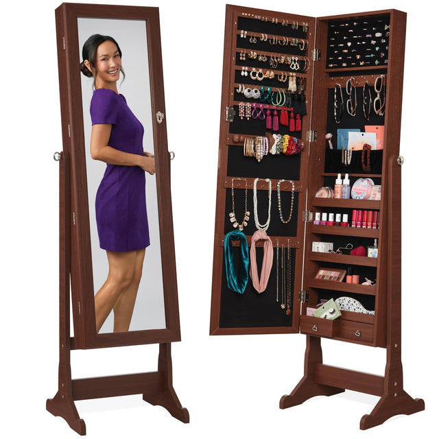 Front. Best Choice Products - Best Choice Products Jewelry Armoire Cabinet, Full Length Mirror w/ Velvet Storage Interior, Lock - Walnut - Walnut.