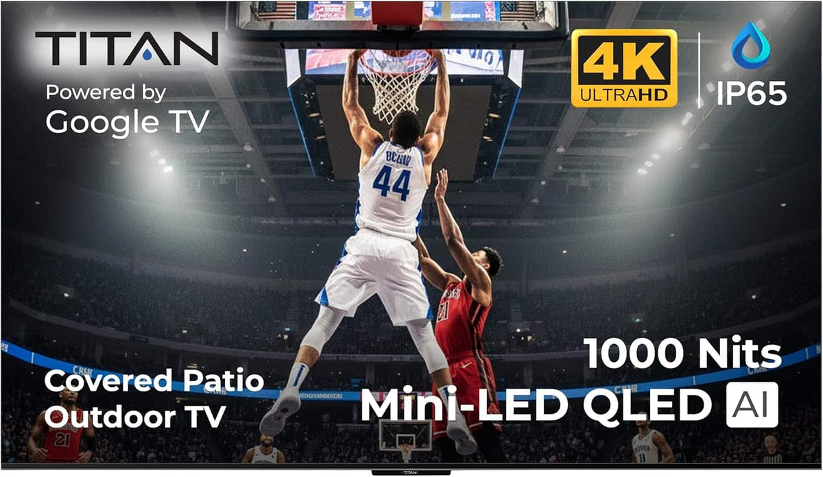 Titan - G100 Mini-LED 75 Inch Covered Patio Smart Outdoor TV,IP65Weatherproof,4KHD GoogleAIOS,1000Nits,Dolby Vision-Atmos