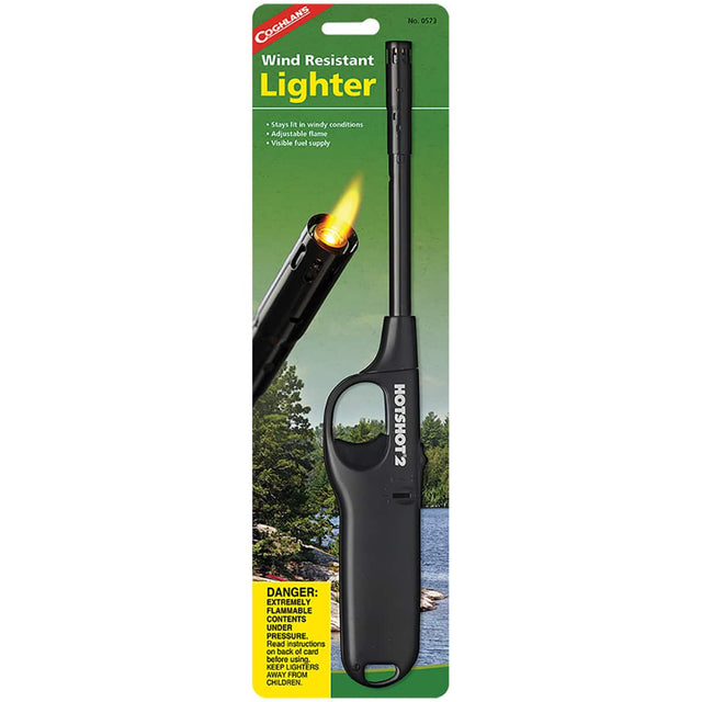 No. 0578 COCHLANS Wind Resistant Lighter  
Stays lit in windy conditions  
Adjustable flame  
Visible fuel supply  
HOTSHOT2  

DANGER: EXTREMELY FLAMMABLE CONTENTS UNDER PRESSURE.  
Read instructions on back of card before using.  
KEEP LIGHTERS AWAY FROM CHILDREN.