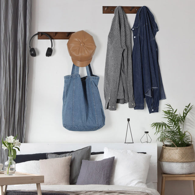Front. Oumilen - 2 Pack Wood Coat Racks with 4 Hooks Each – Rustic Wall Mount for Hats, Bags, Umbrellas, Home Decor - Rustic Brown.