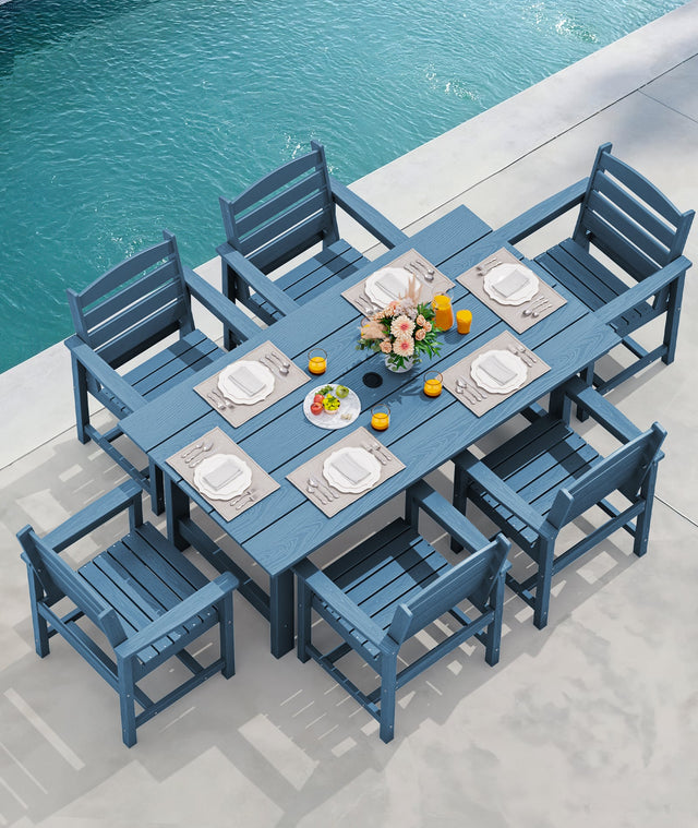 Front. SERWALL - 7 Pcs Outdoor Dining Set, Outdoor Dining Furniture with Rectangular Table & 6 Chairs, All-Weather Resistant Dining Set - Blue.