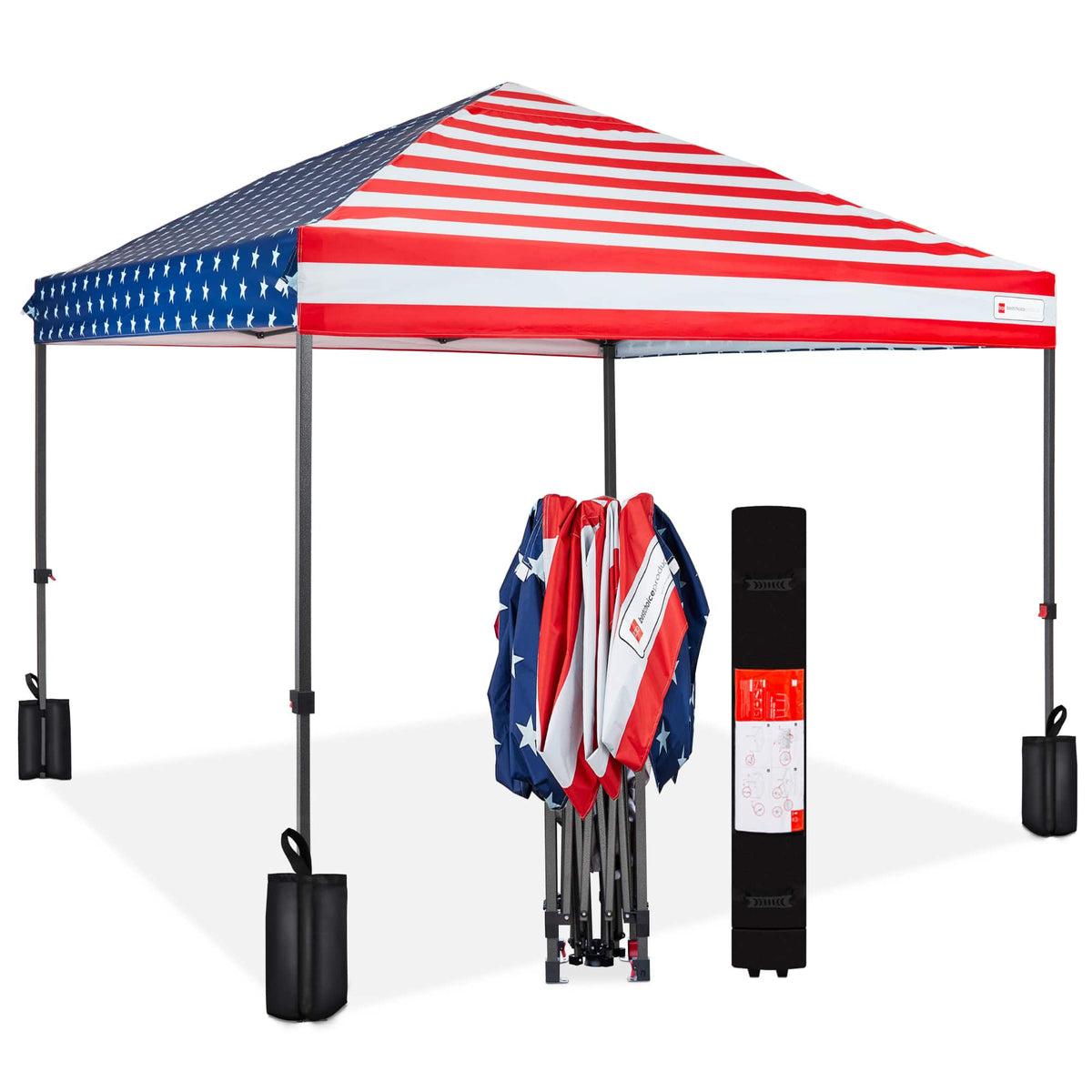 Best Choice Products - 10x10ft Easy Setup Pop Up Canopy w/ 1-Button Setup, Wheeled Case, 4 Weight Bags - American Flag