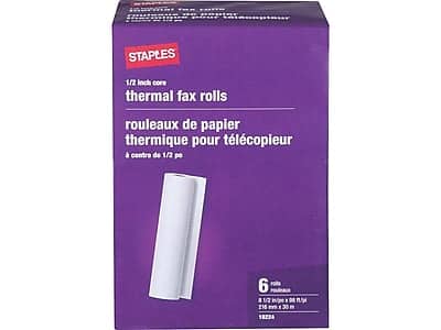 STAPLES  
1/2 inch core thermal fax rolls  
rouleaux de papier thermique pour télécopieur à centre de 1/2 po  

6 rolls  
8 1/2 in x 11 in (215 mm x 279 mm)  
215 mm x 30 m  
18224