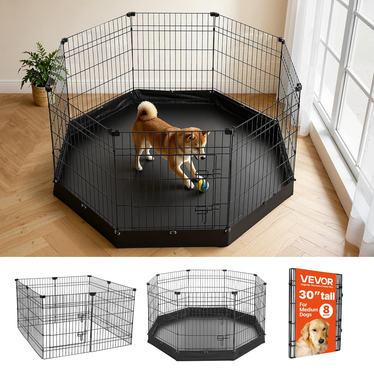 VEVOR - Dog Playpen 30 Inch 8 Panels Foldable Exercise Pen with Bottom Pad, Indoor Metal Pet Fence with Door - Black