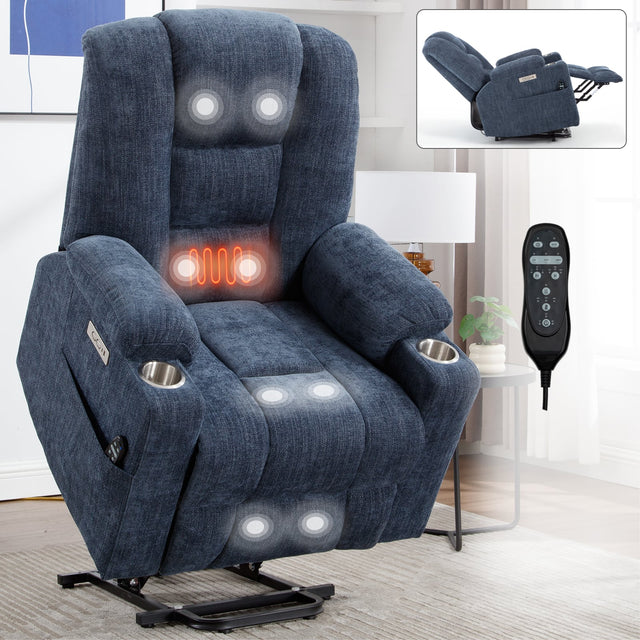Front. Anysun - Power Lift Recliner w/ Massage & Heat for Elderly, Overstuffed Wide, Heavy Duty, USB/Type-C, 2 Cup Holders - Blue.
