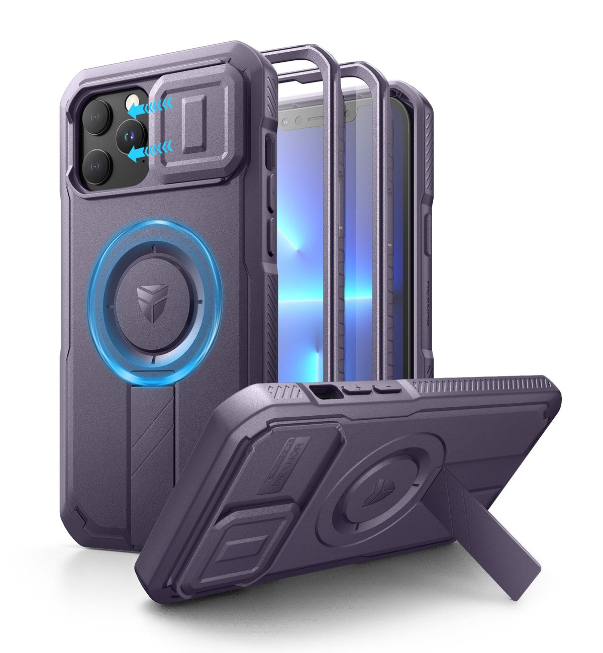 Dexnor - Case for iPhone 13 Pro Max/12 Pro Max with Camera Cover & Adjustable Kickstand & Screen Protector - Phantom Purple
