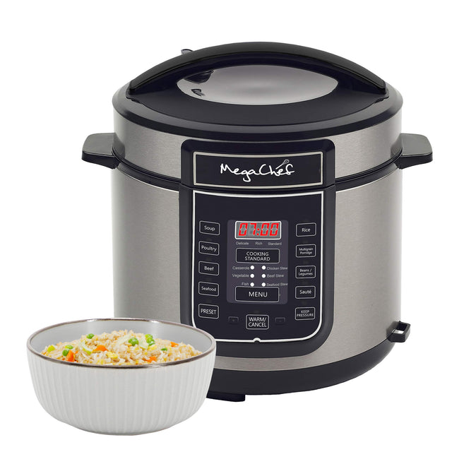 MegaChef Soup Poultry Beef 07:00 COOKING STANDARD Casserole Chicken Stew Vegetable Stew Fish Seafood Saute PRESET WARM/ CANCEL Rice Multigrain Beans/ Legumes