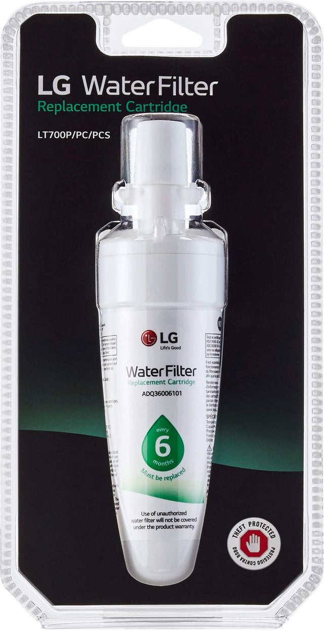 LG Water Filter Replacement Cartridge LT700P/PC/PCS snC Udel a LG Life's Good N - N9A6 de POHEN - a a e C sm Water terFilte & de fiee De  D Replacement Cartridge ime Celomag tannalr ADQ36006101 des ai pa seorr  SPECIF Semplir Cool every P Fonct CHbit cient 6 TLE months Must be replaced Use of unauthorized water filter will not be covered under the product warranty THEFT PROTECTED ROBO PROTEGIDO CONTRA.