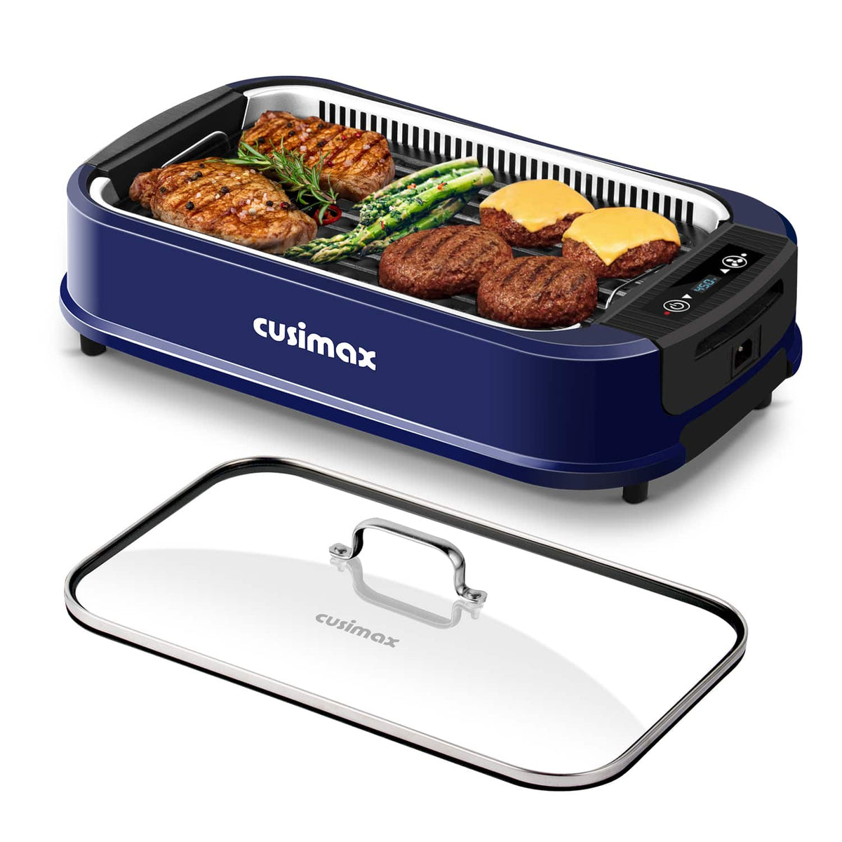 Cusimax - Electric Indoor Smokeless Portable Grill Nonstick Removable Pan 1500W Cooktop For Home Party Solo Fun - Blue