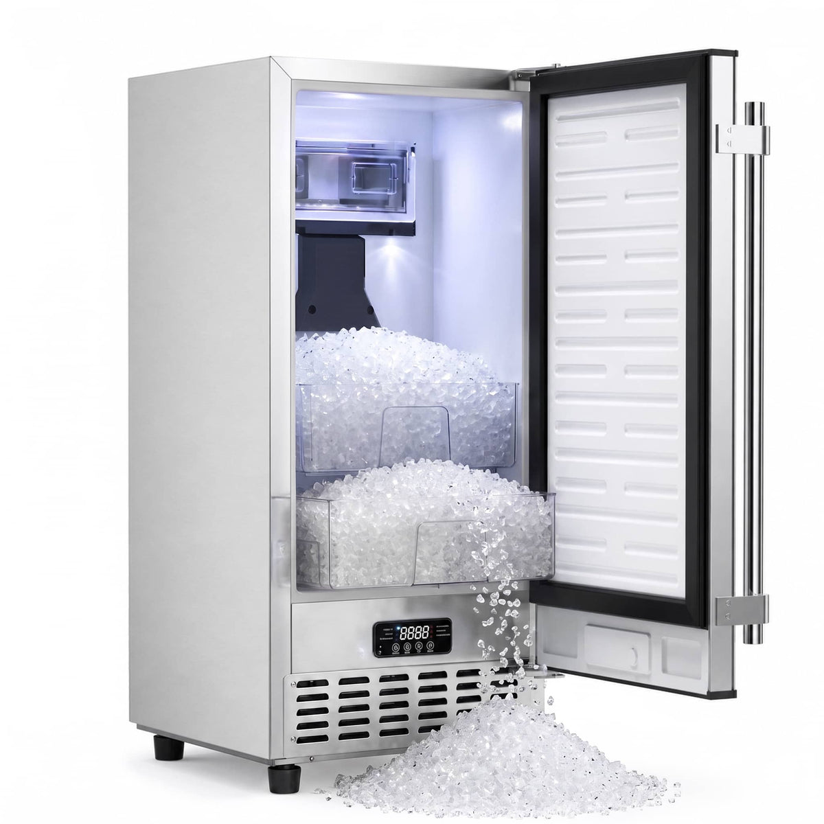 Coolake - 15 in. 100 lb. Freestanding Undercounter Outdoor Nugget Ice Maker with Double Ice Basket for Home Bar - Stainless Steel